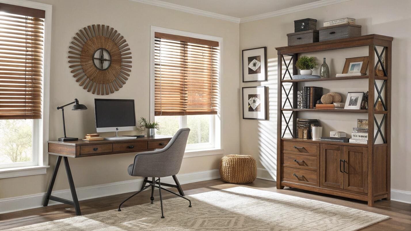 Home office with dark wood desk and natural wooden Venetian blinds.
