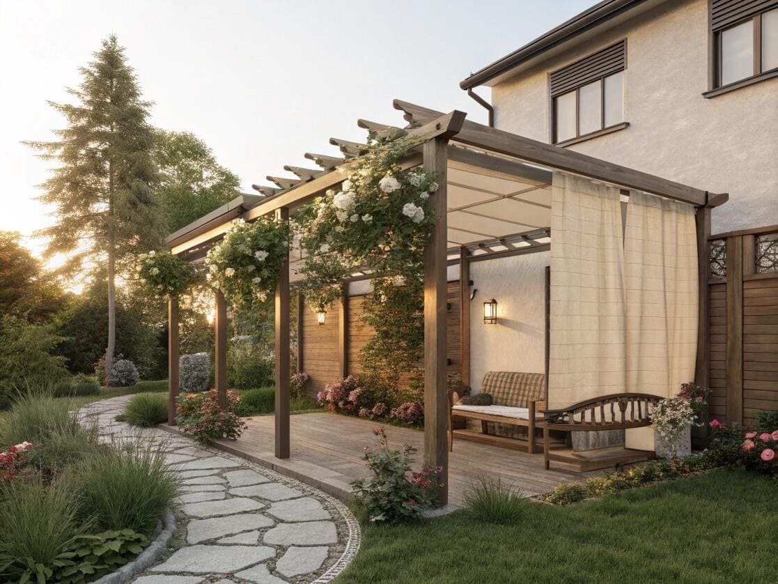 Wooden pergola with cream fabric shade and climbing roses over a garden patio setup.