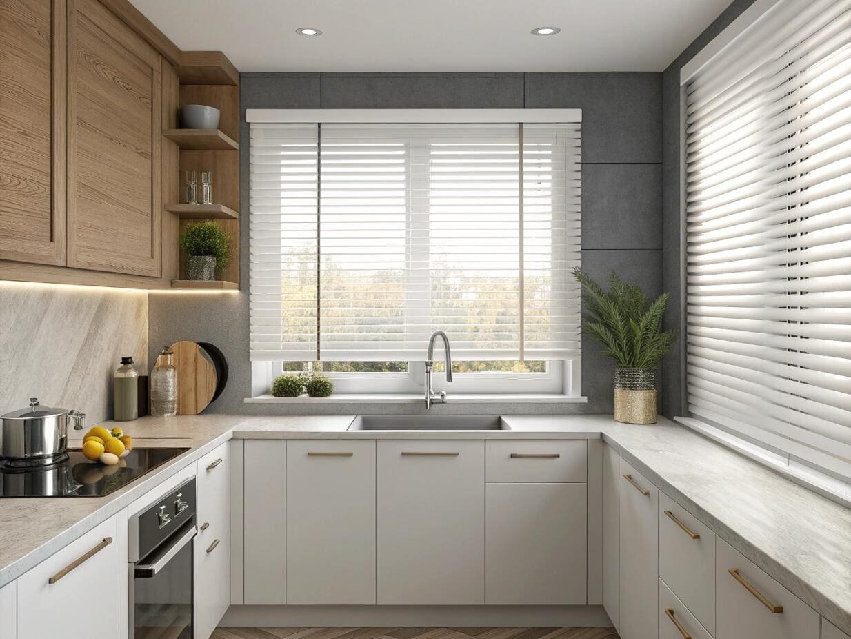 Compact kitchen featuring clean white venetian blinds over the sink.