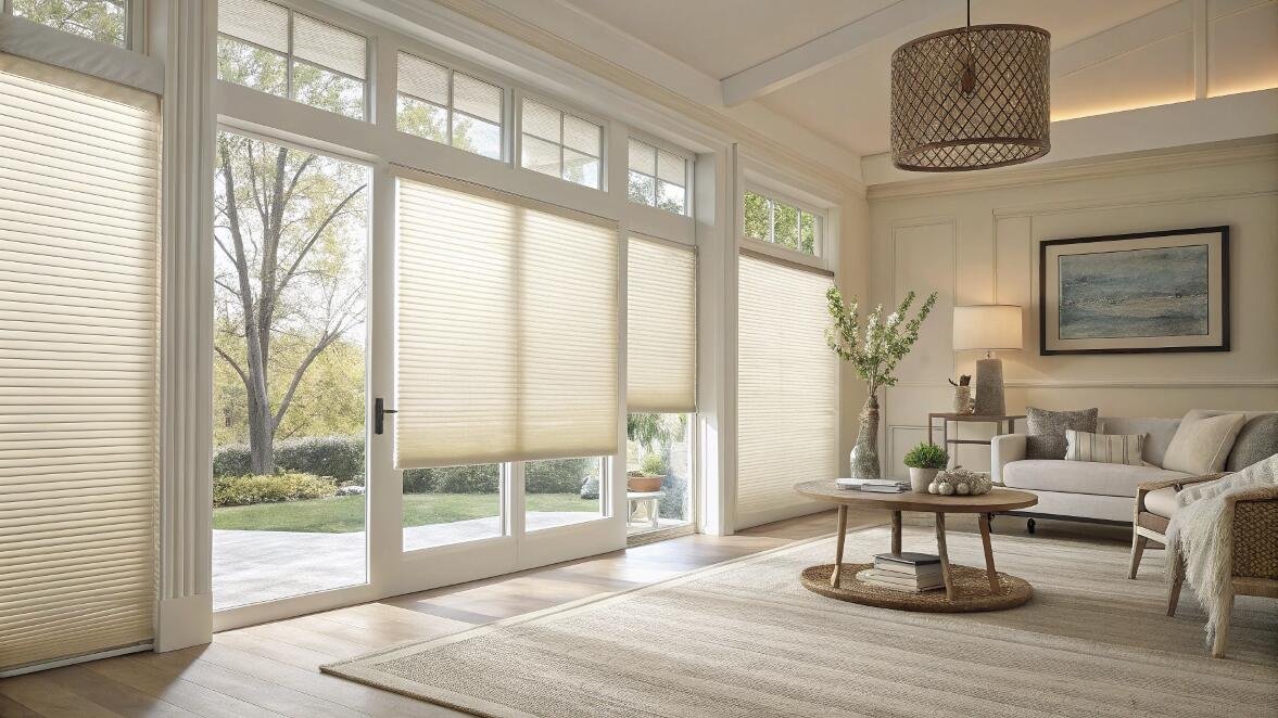 Inviting living room with light-colored cellular shades on large glass doors.