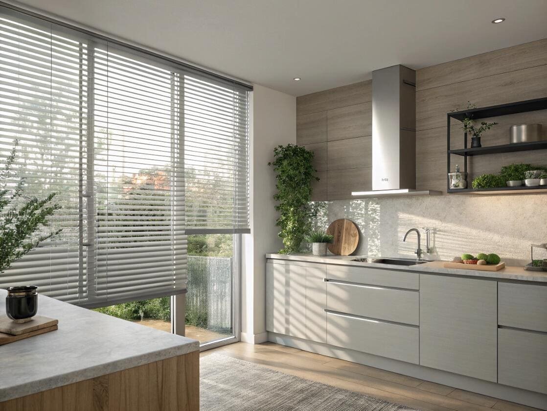 Contemporary kitchen with light grey venetian blinds and wood accents.