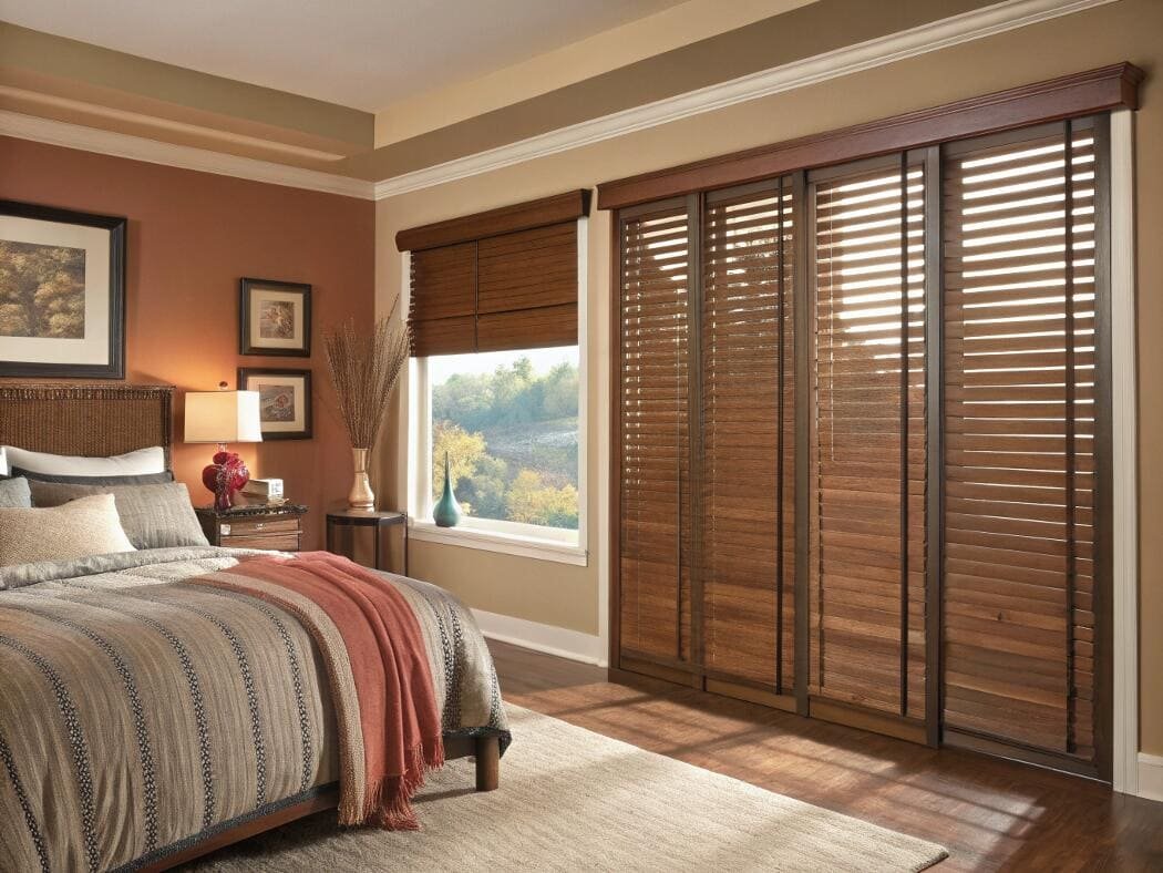 Cozy bedroom with dark wood venetian blinds on sliding closet doors.