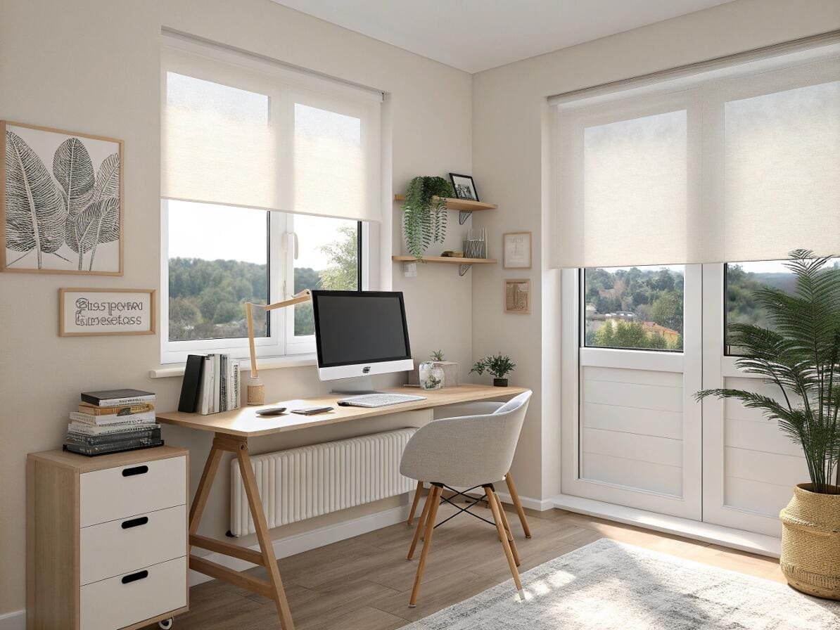 Cozy home office with light-filtering roller shades for a bright workspace.