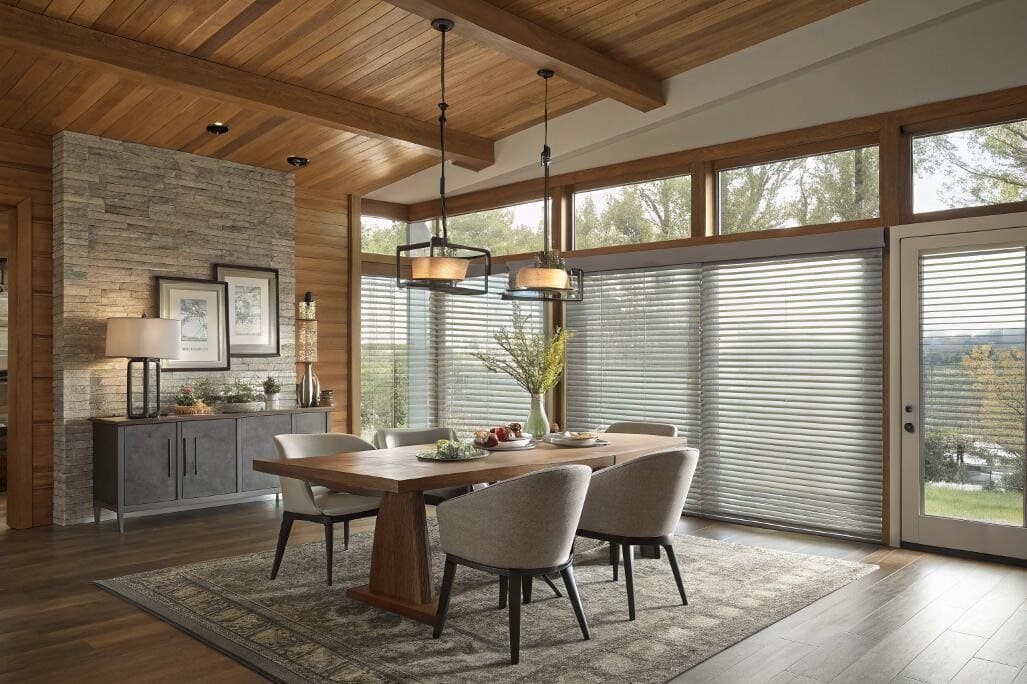Rustic dining room featuring sheer transition shades for versatile light control.