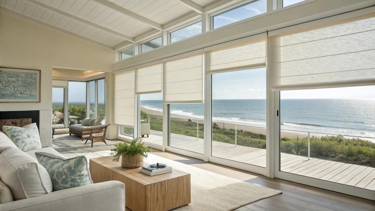Coastal living room with roman shades filtering light and showcasing an ocean view.