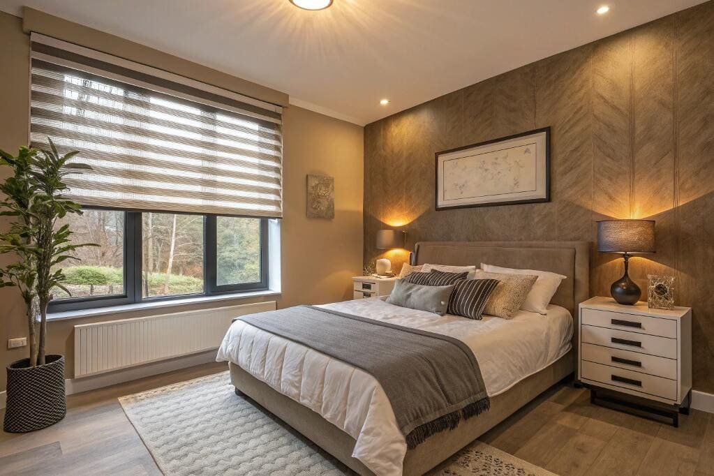 Cozy bedroom featuring textured wall and contemporary zebra blinds.
