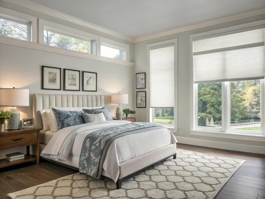 Bedroom with energy-efficient cellular shades and classic decor.