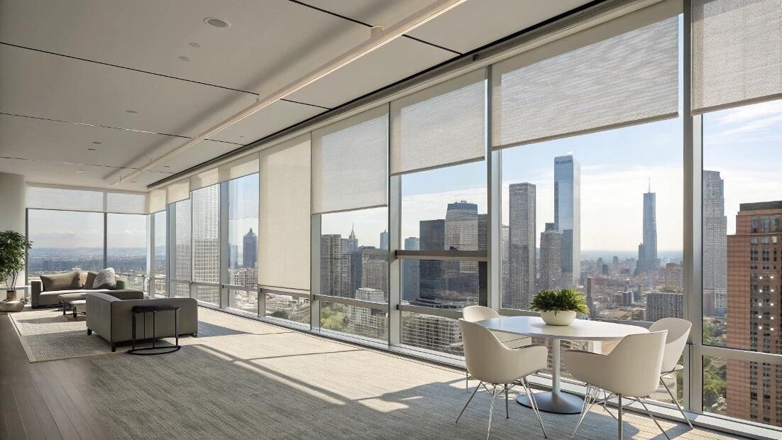 Modern office space with solar shades controlling light and heat with city view.