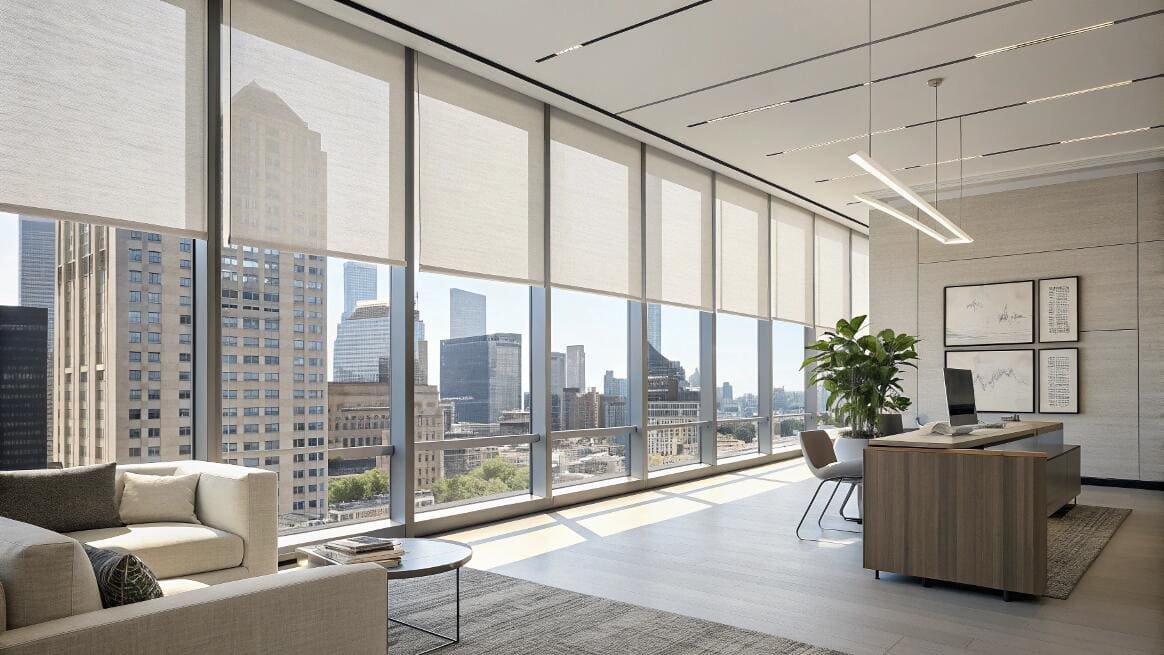 Modern office space with sheer roller shades and stunning urban view.