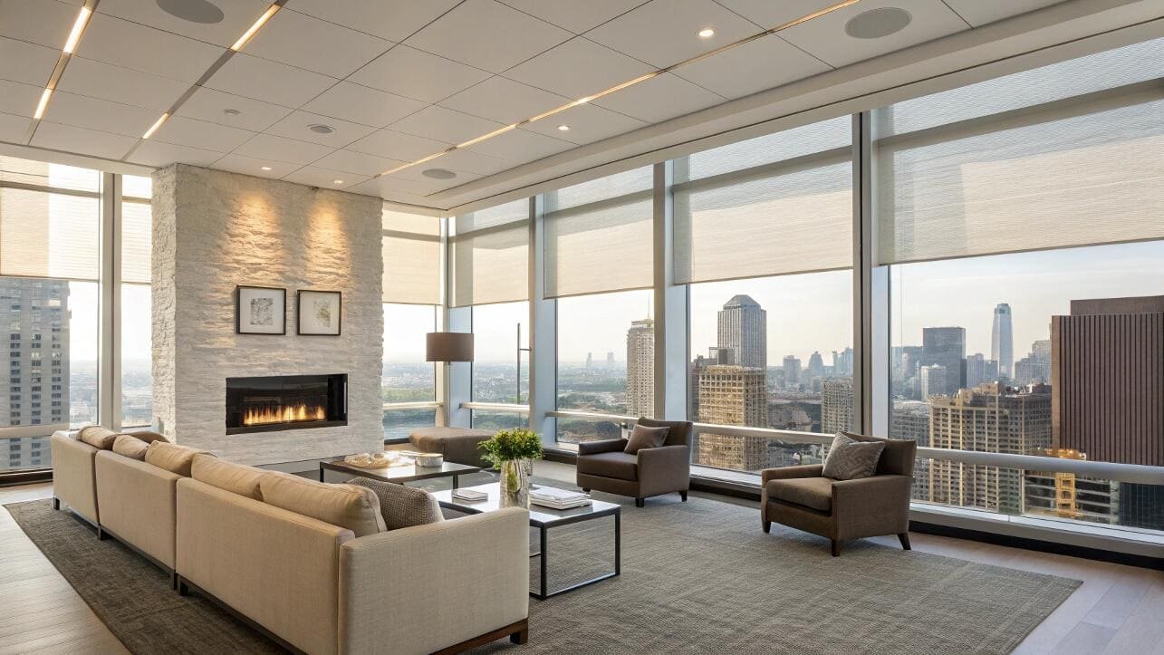 Modern lounge with honeycomb shades offering privacy and city view.