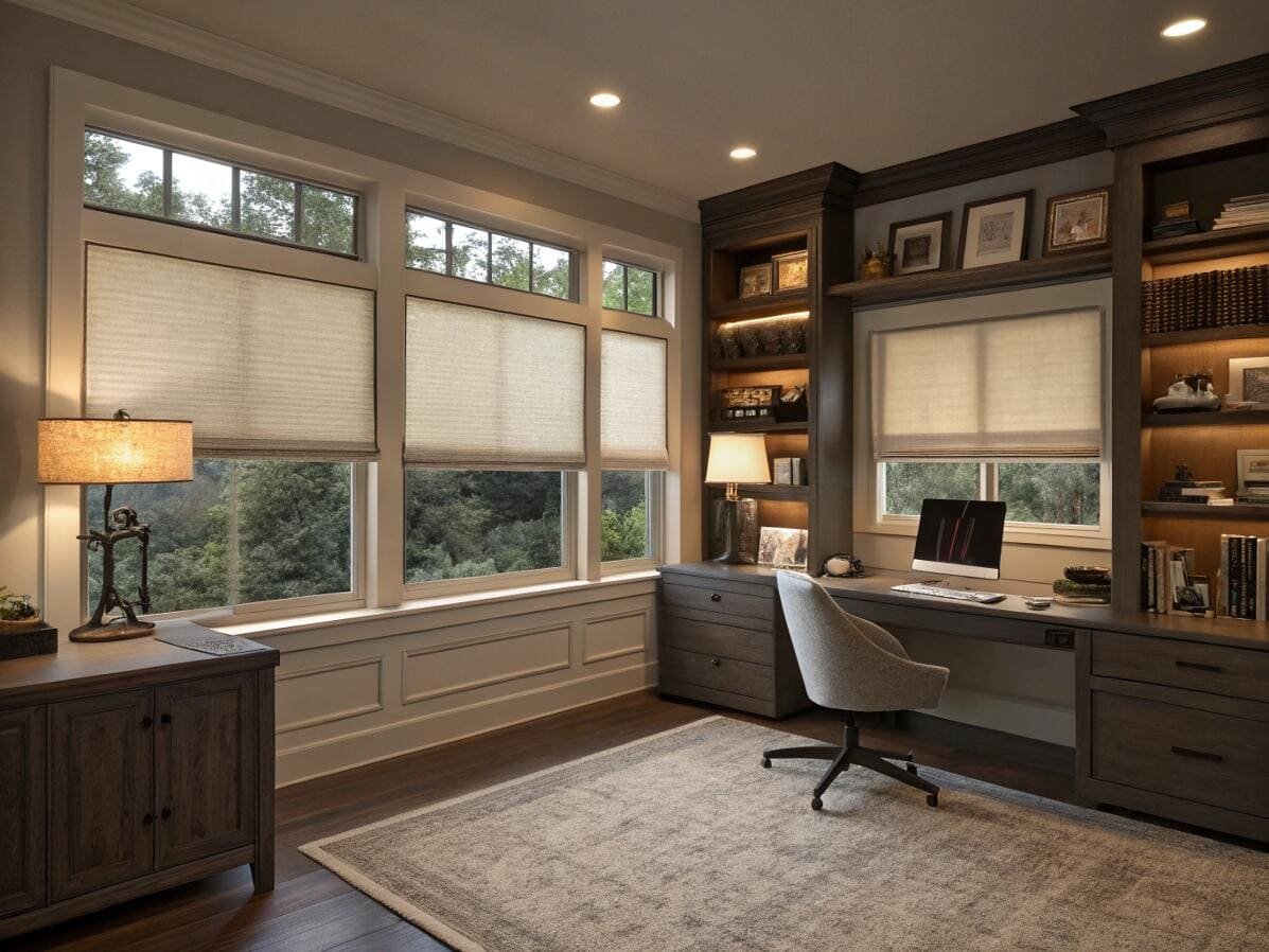 Traditional home office featuring cellular shades and custom wood built-ins.
