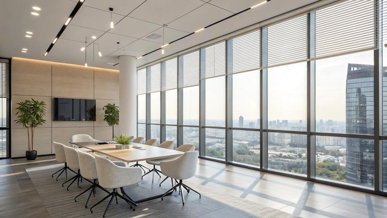 Executive boardroom featuring venetian blinds with an urban view.