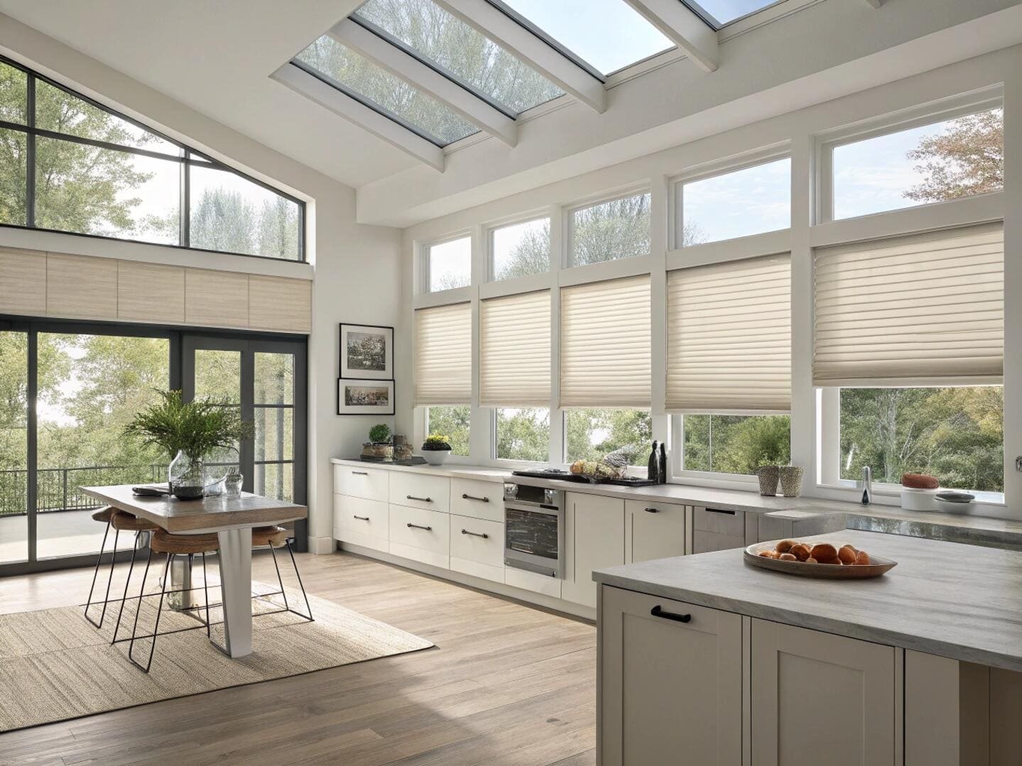 Stylish kitchen featuring pleated shades for light and elegance.