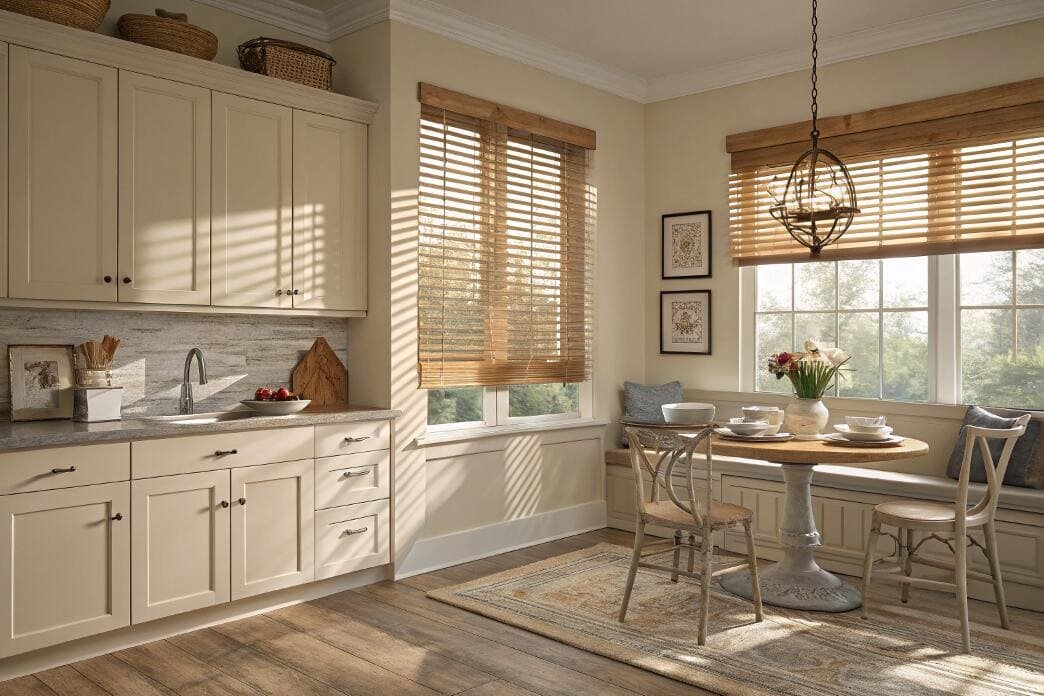 Kitchen dining nook with warm wooden blinds and a round table.