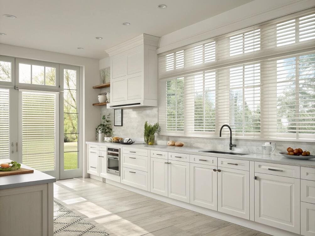 Bright kitchen featuring faux wood blinds for light control.
