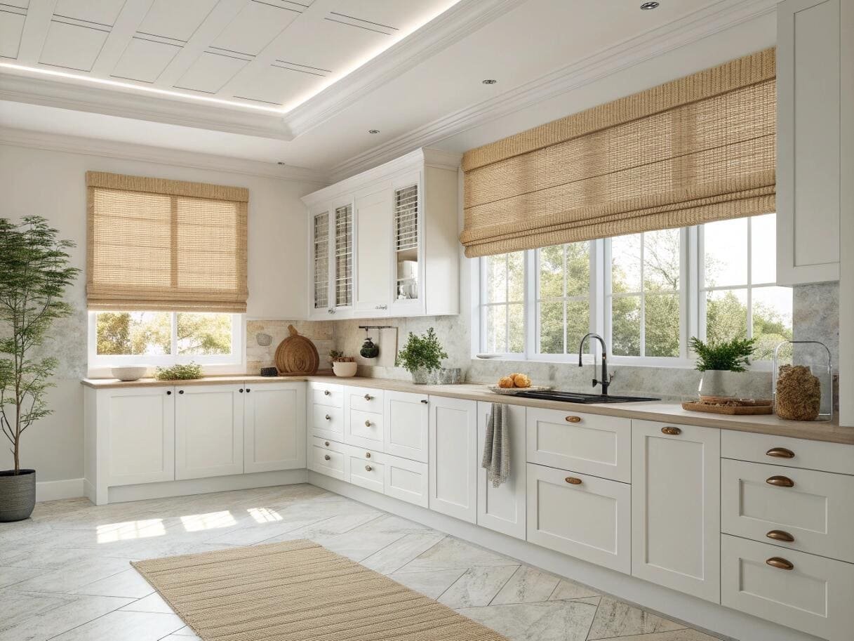 Modern kitchen featuring woven wood Roman shades adding natural texture.