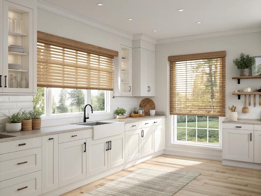 Farmhouse kitchen featuring natural wood blinds for a rustic look.
