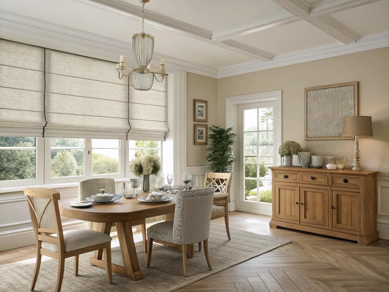 Classic dining room with linen Roman shades creating a warm, inviting atmosphere.