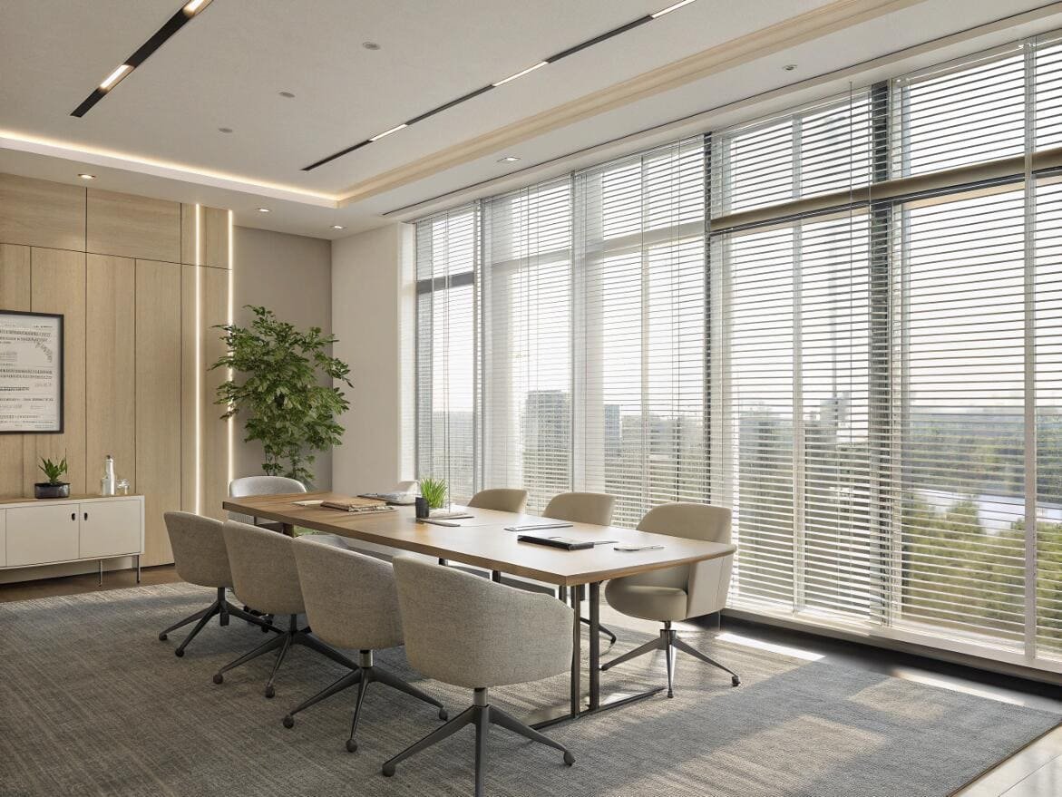 Professional conference room featuring smart venetian blinds for light control and privacy.
