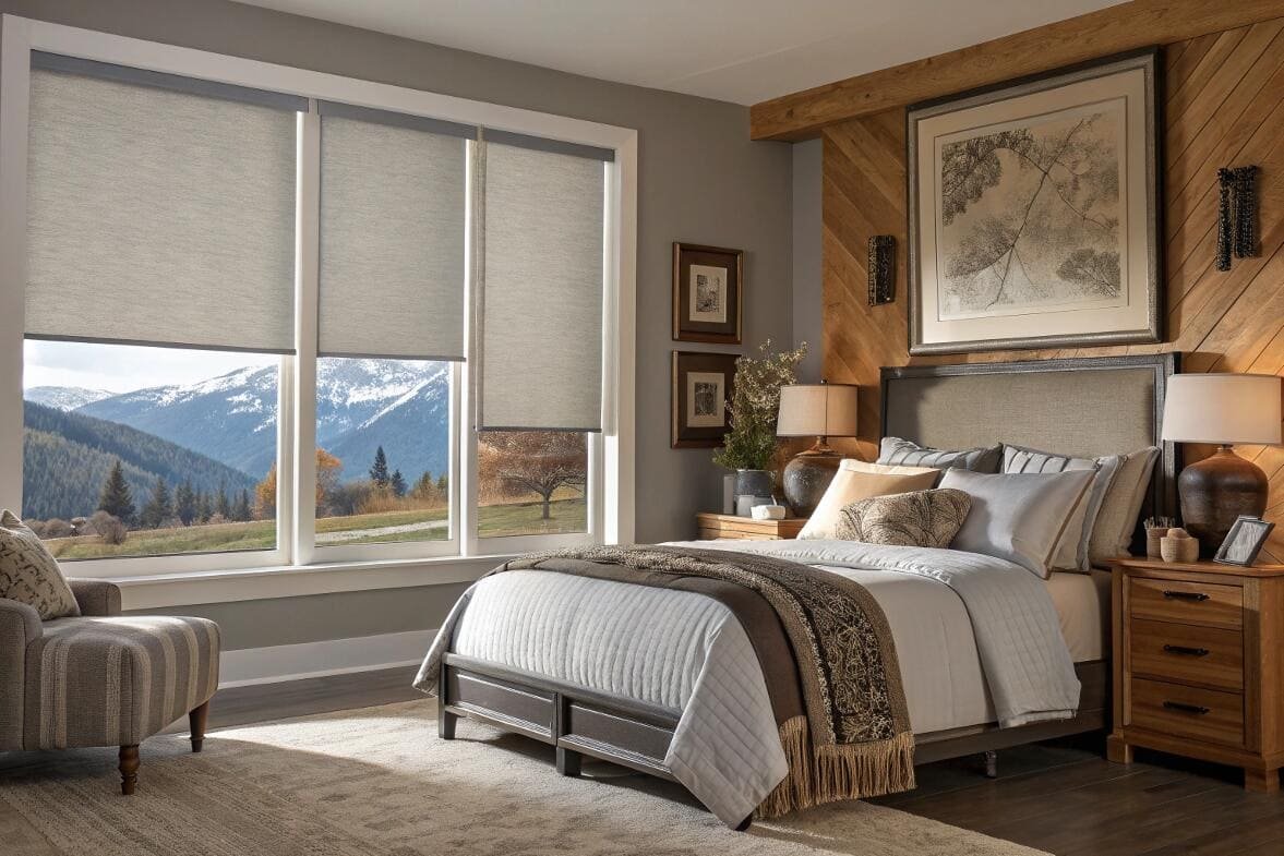 Rustic bedroom featuring light-filtering roller shades with a view of scenic mountains.