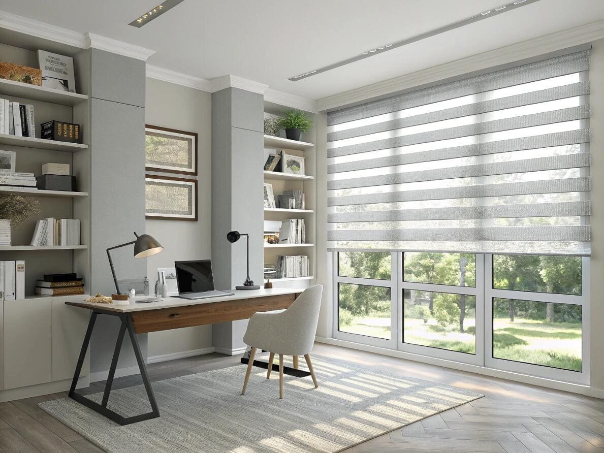 Bright home office with light grey zebra shades for a stylish workspace.