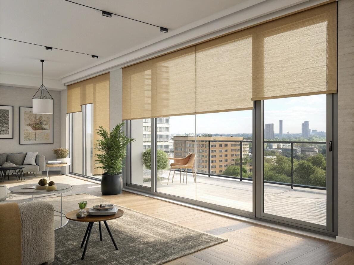 Urban apartment with woven solar shades on sliding doors to a balcony.