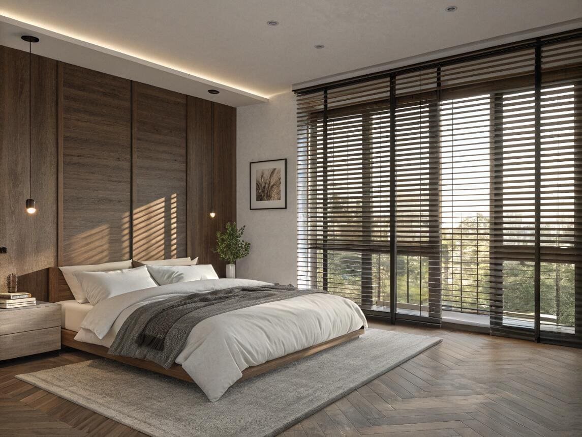 Sophisticated bedroom featuring dark faux wood blinds for privacy and style.