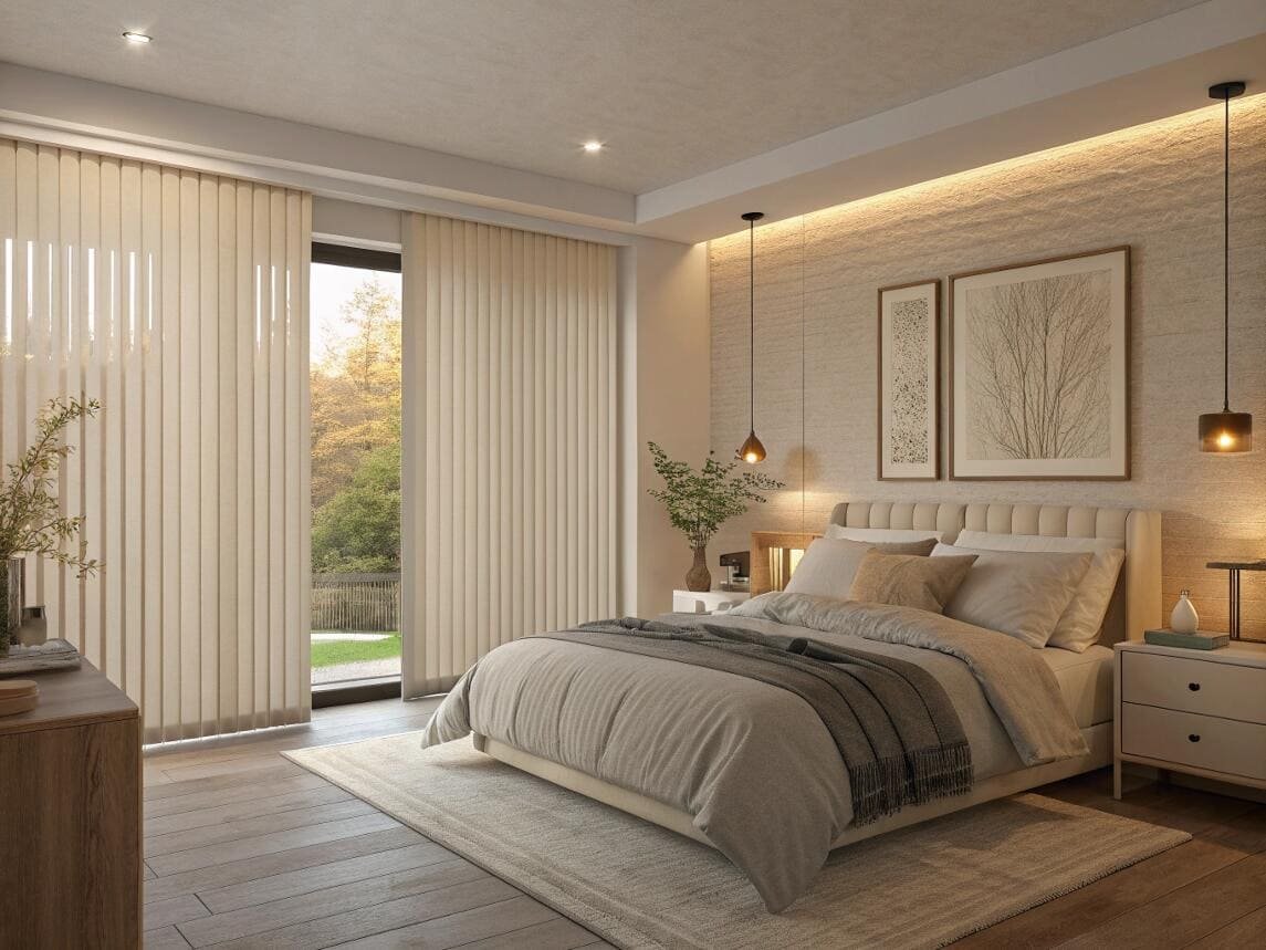 Modern bedroom featuring light-filtering vertical blinds for a sliding glass door.