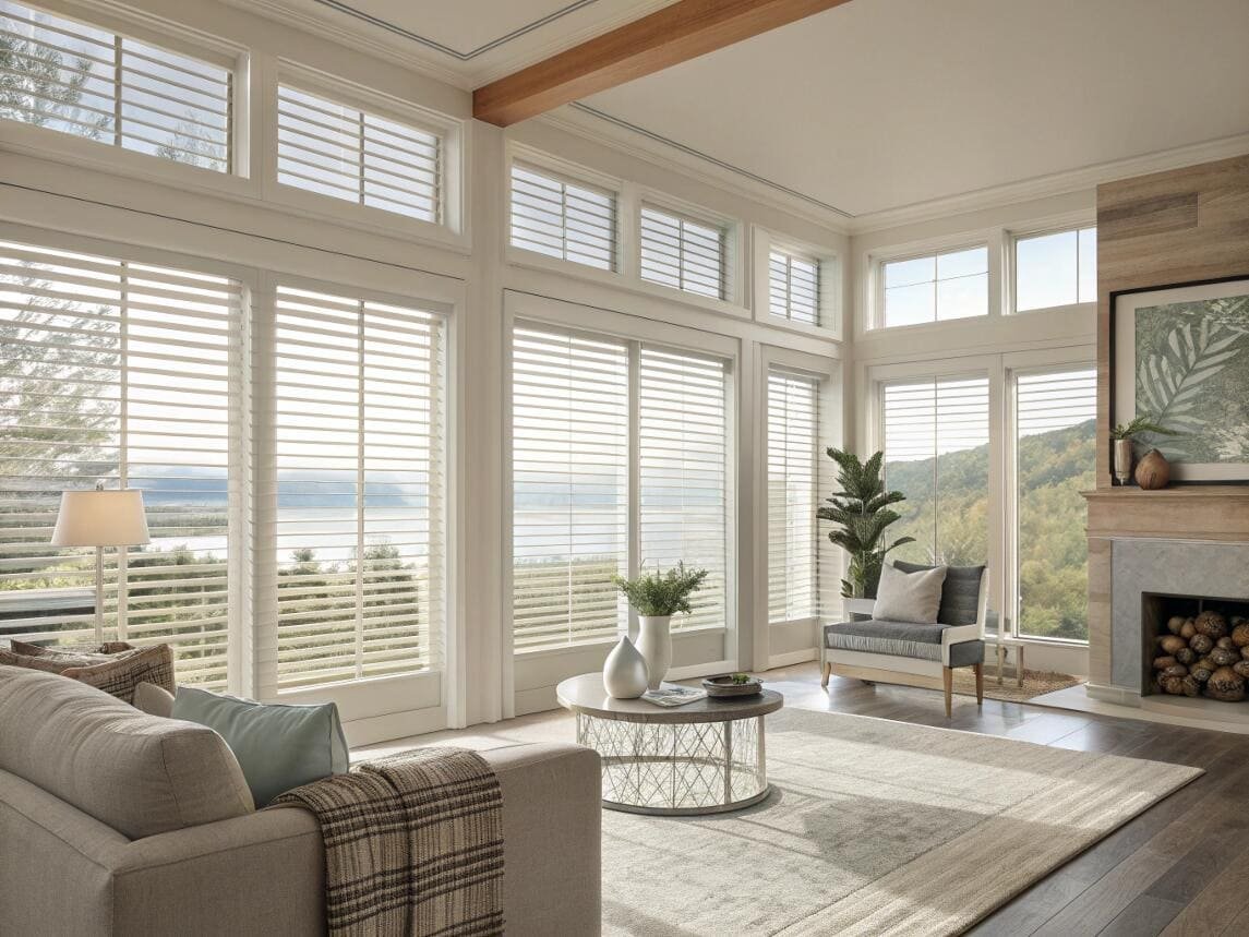 Airy living room with white sheer horizontal shades on floor-to-ceiling windows.