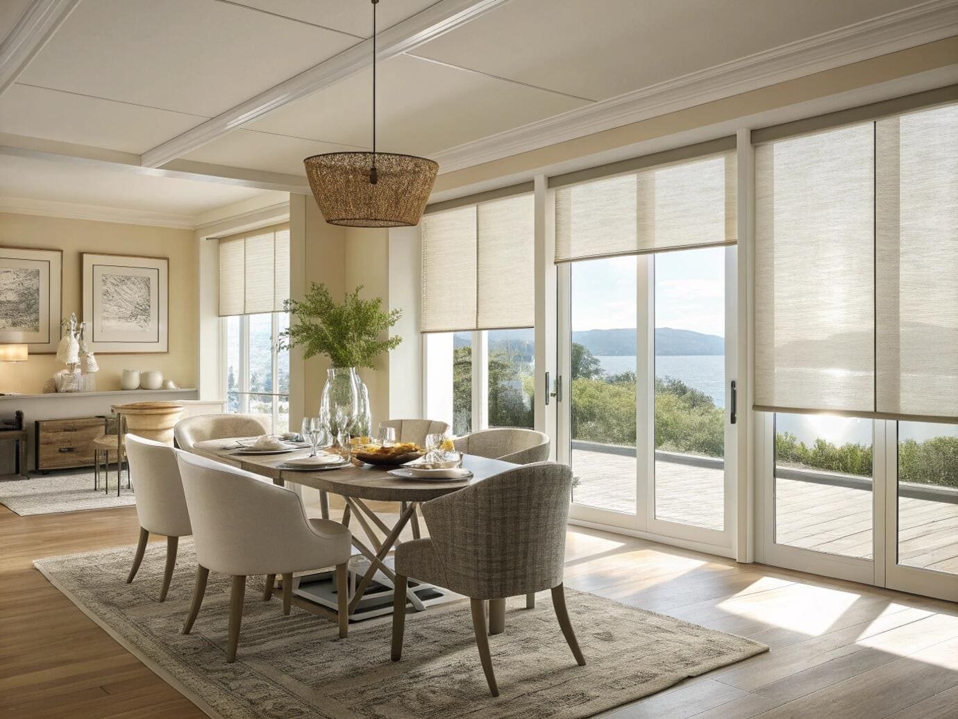 Coastal dining room with elegant solar shades on sliding patio doors.