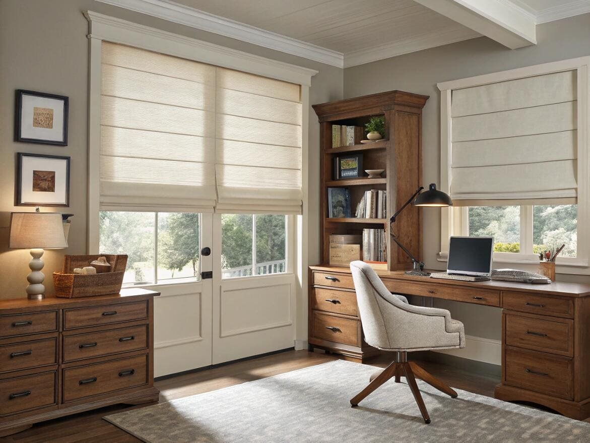 Classic home office with cream flat Roman shades providing privacy and diffused light.
