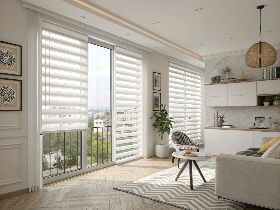 Contemporary living room featuring white zebra shades for a bright, minimalist aesthetic.