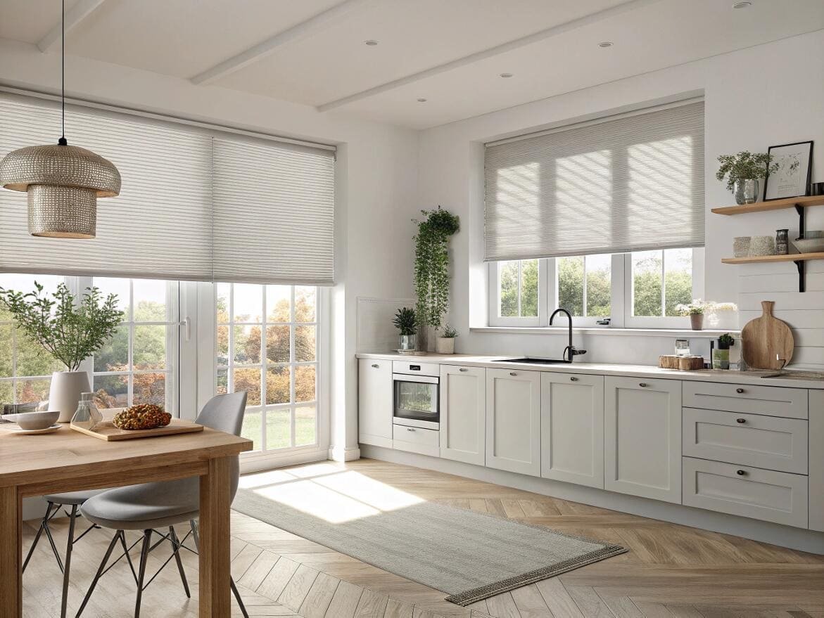 Modern kitchen and dining area with energy-efficient cellular shades for light filtering.