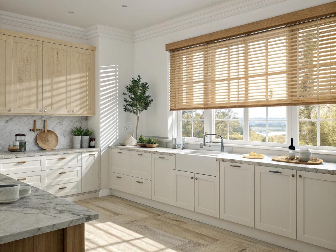 Airy kitchen showcasing natural wood blinds that add warmth and contrast to white cabinets.