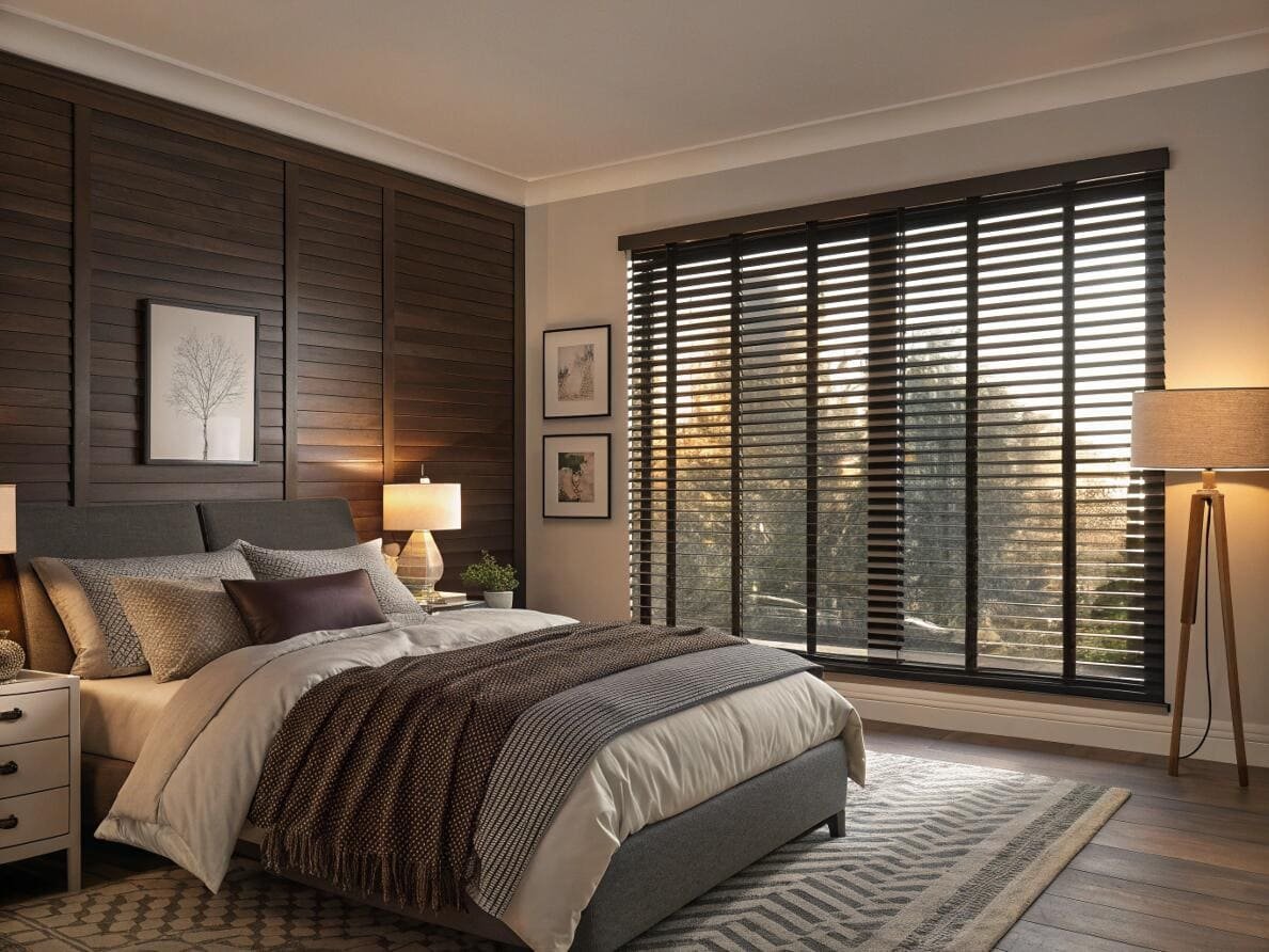 Modern bedroom with dark wood blinds and decorative tapes for enhanced privacy and style.