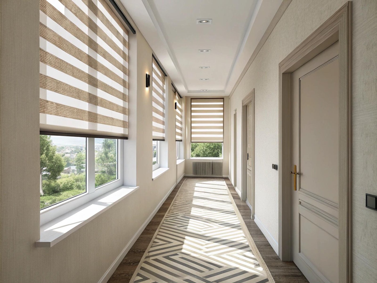 A long sunlit hallway featuring patterned zebra shades for stylish light control.
