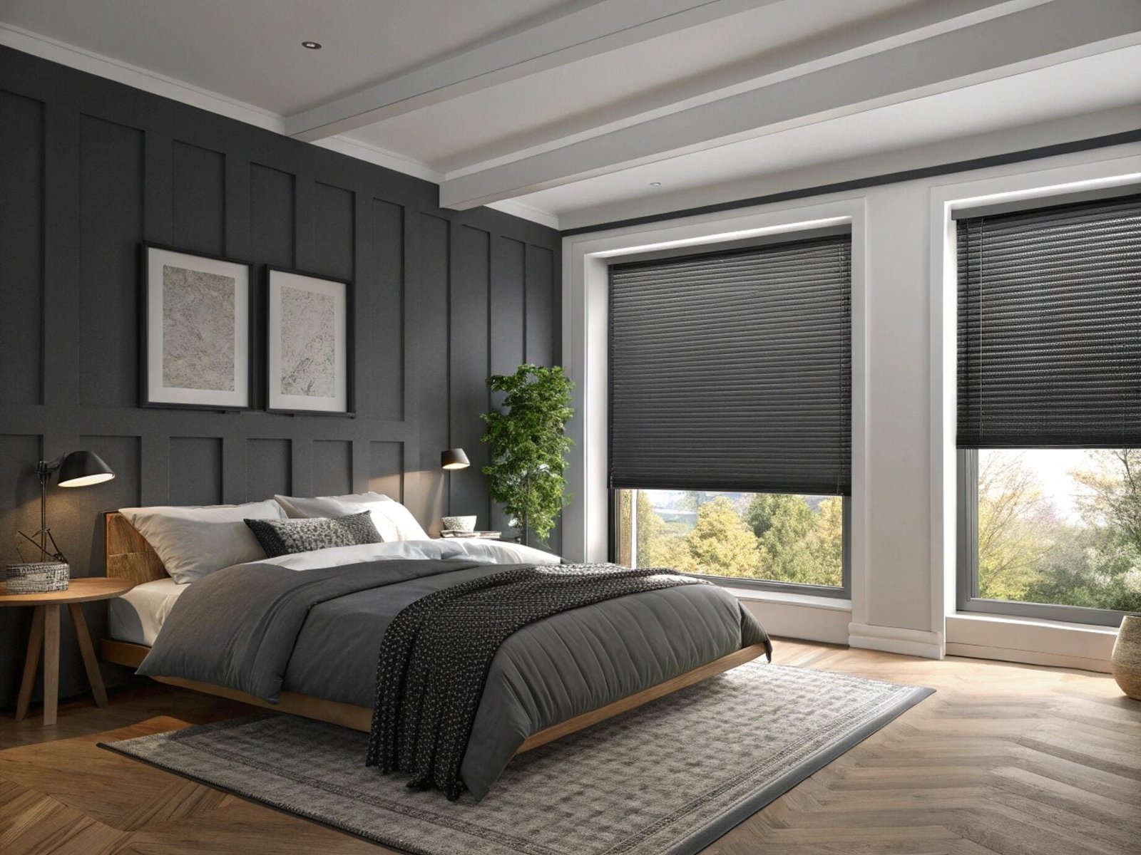 Modern bedroom with black blackout cellular shades for complete darkness and superior sleep.