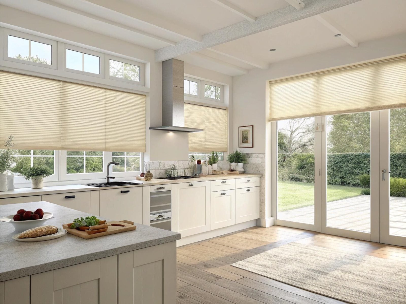 A bright, modern kitchen with energy-efficient cellular shades on windows and patio doors.