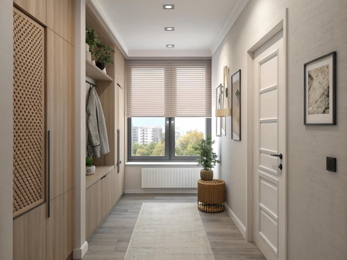 A modern hallway featuring light-filtering pleated shades for privacy and a clean look.
