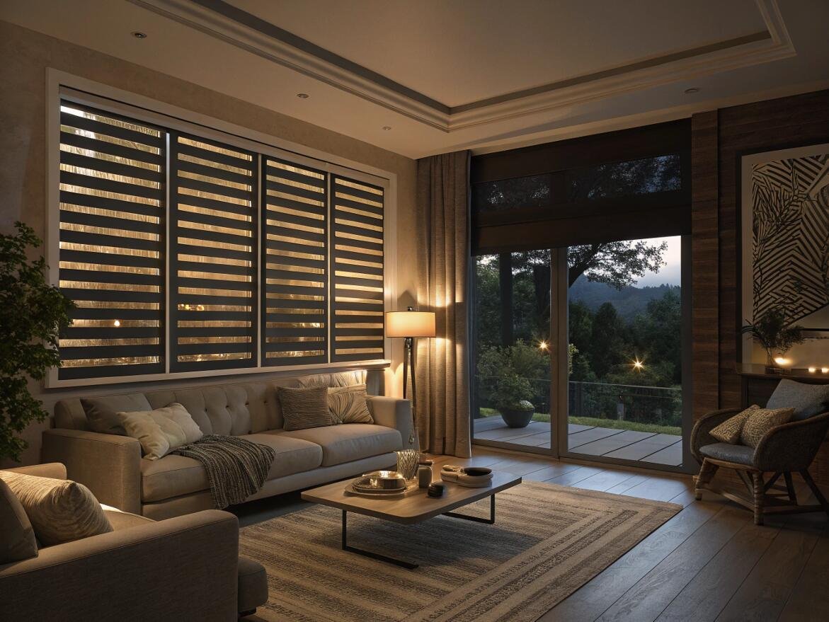 Cozy living room at night with dark room-darkening zebra shades for ultimate privacy.