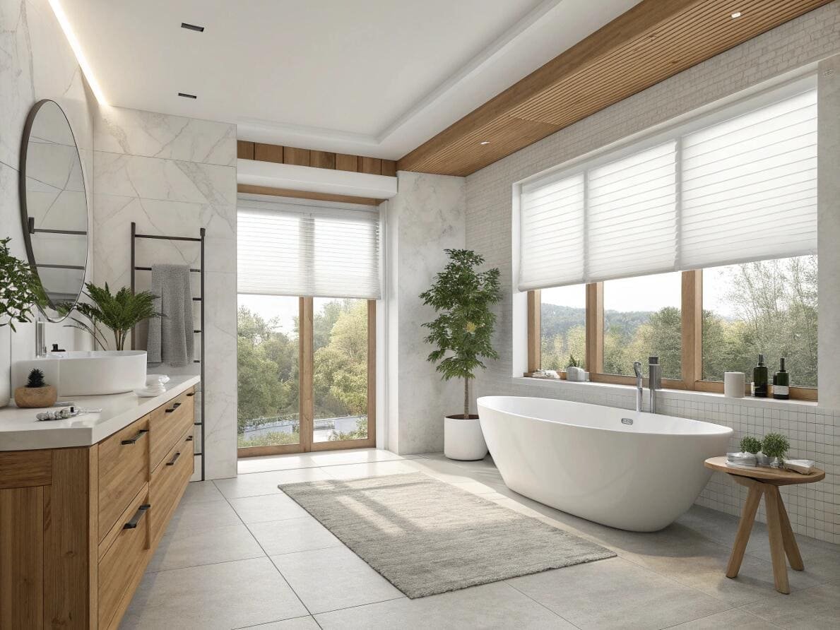 Modern spa-like bathroom with white cellular shades for privacy and soft ambient light.