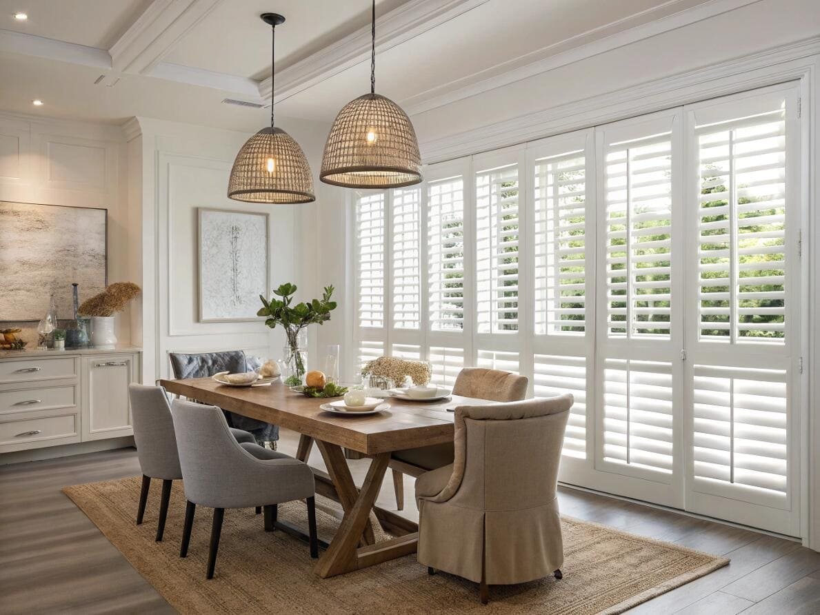 Bright dining room featuring white bi-fold plantation shutters, perfect for wide patio doors.