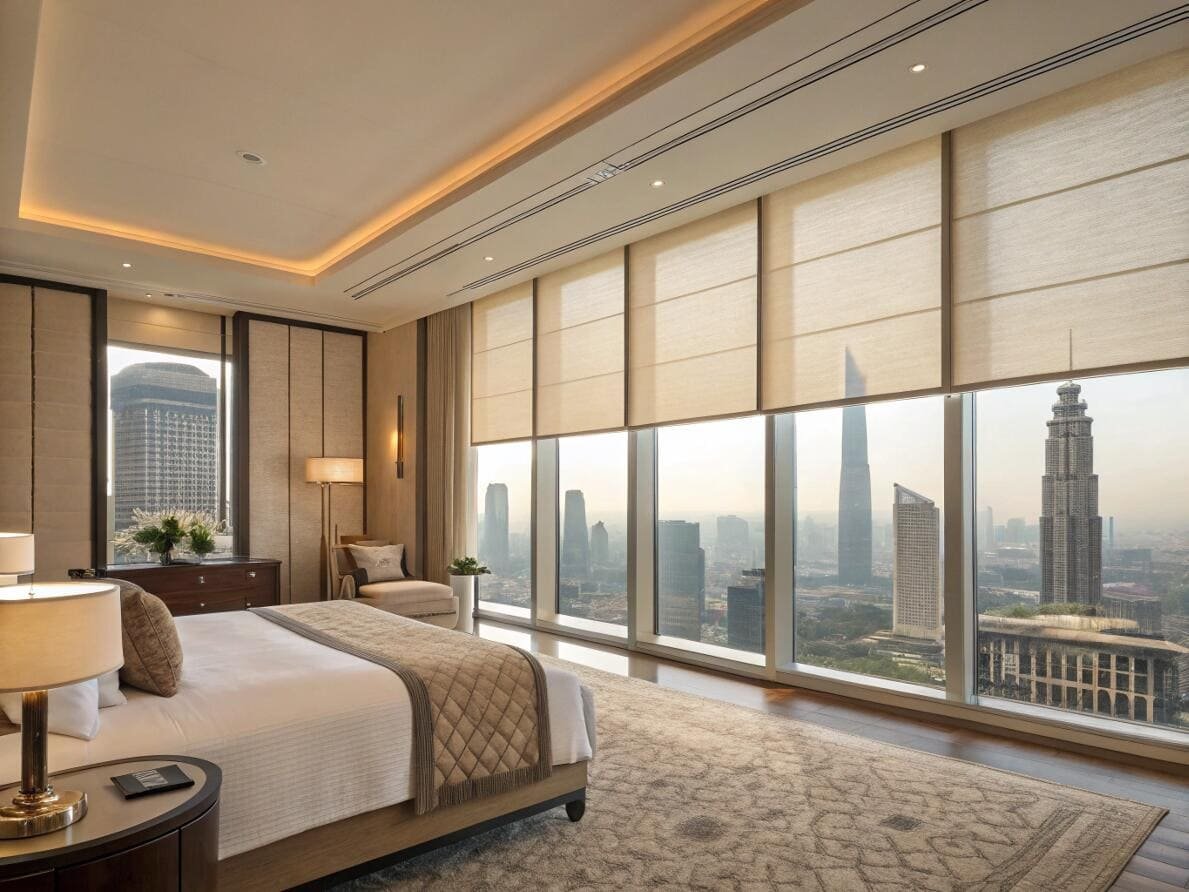 High-end hotel suite with motorized Roman shades for floor-to-ceiling commercial windows.