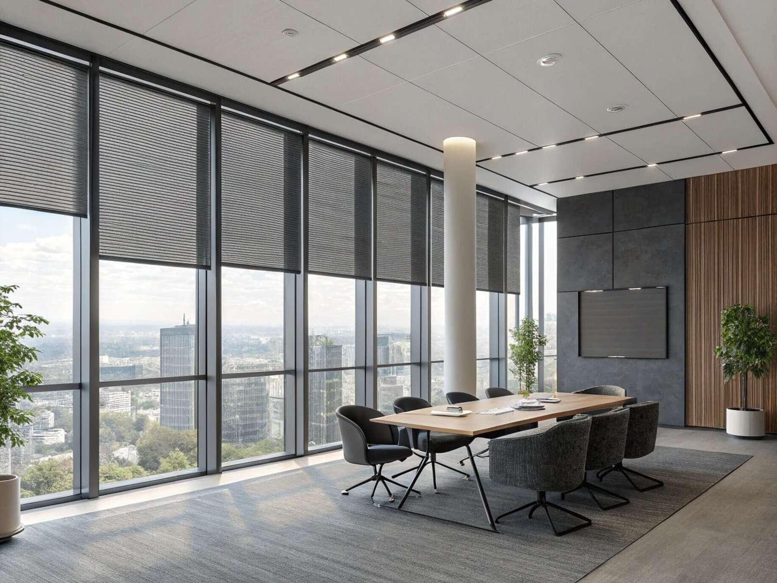 Sleek commercial office with dark pleated blinds for optimal light management.