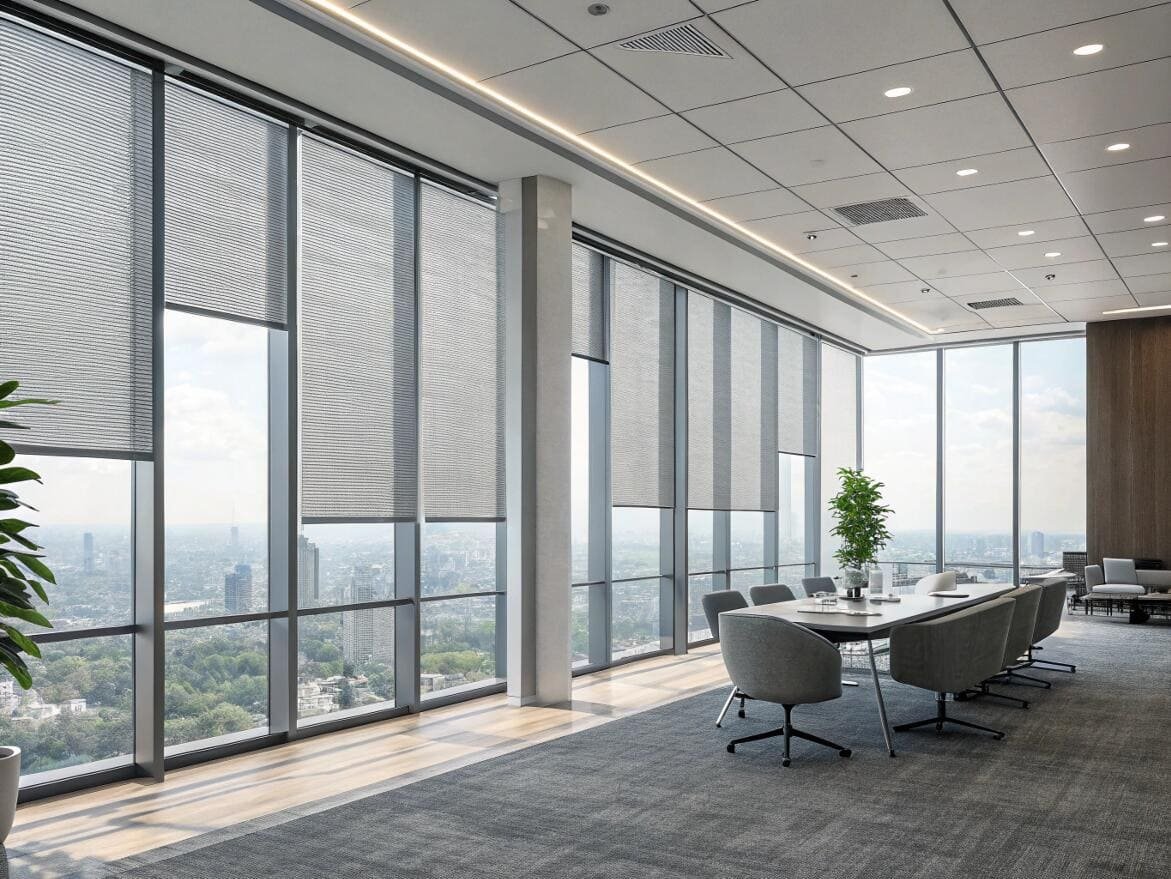 Corporate meeting room with floor-to-ceiling light grey pleated blinds for commercial-grade light control.