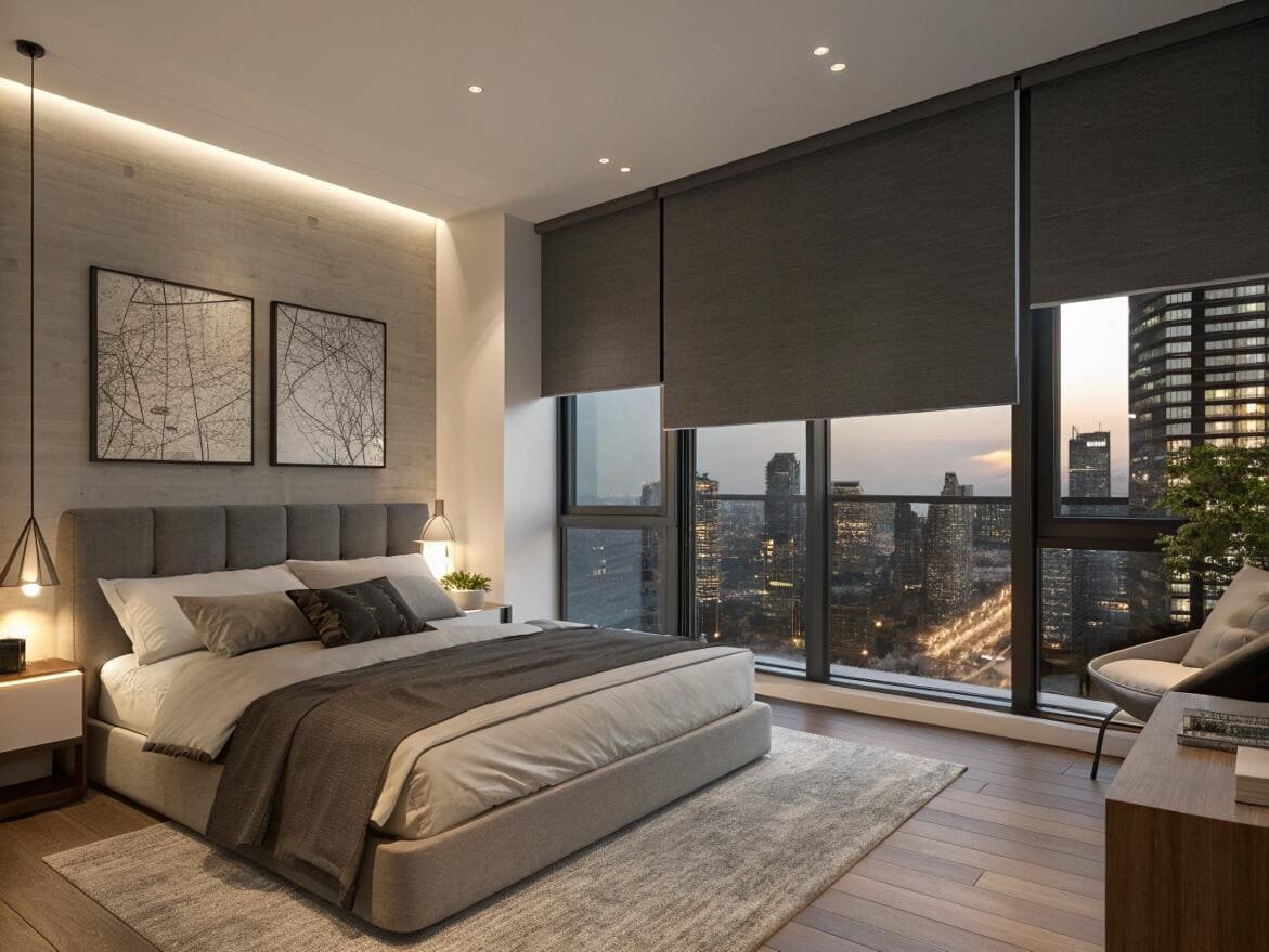 Urban bedroom with motorized blackout roller shades for complete privacy and light control.