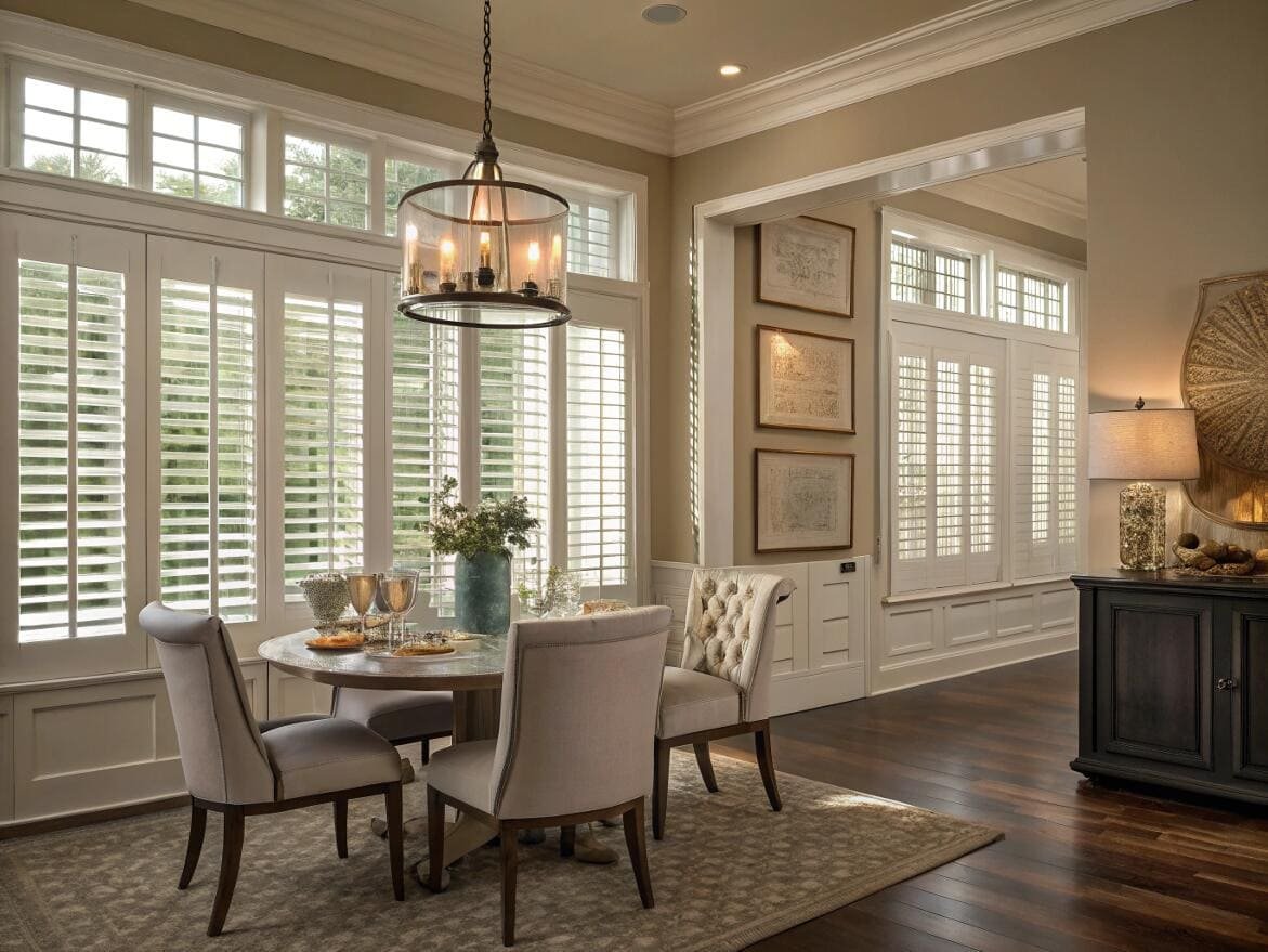 Traditional dining room showcasing elegant white plantation shutters for timeless light control and privacy.
