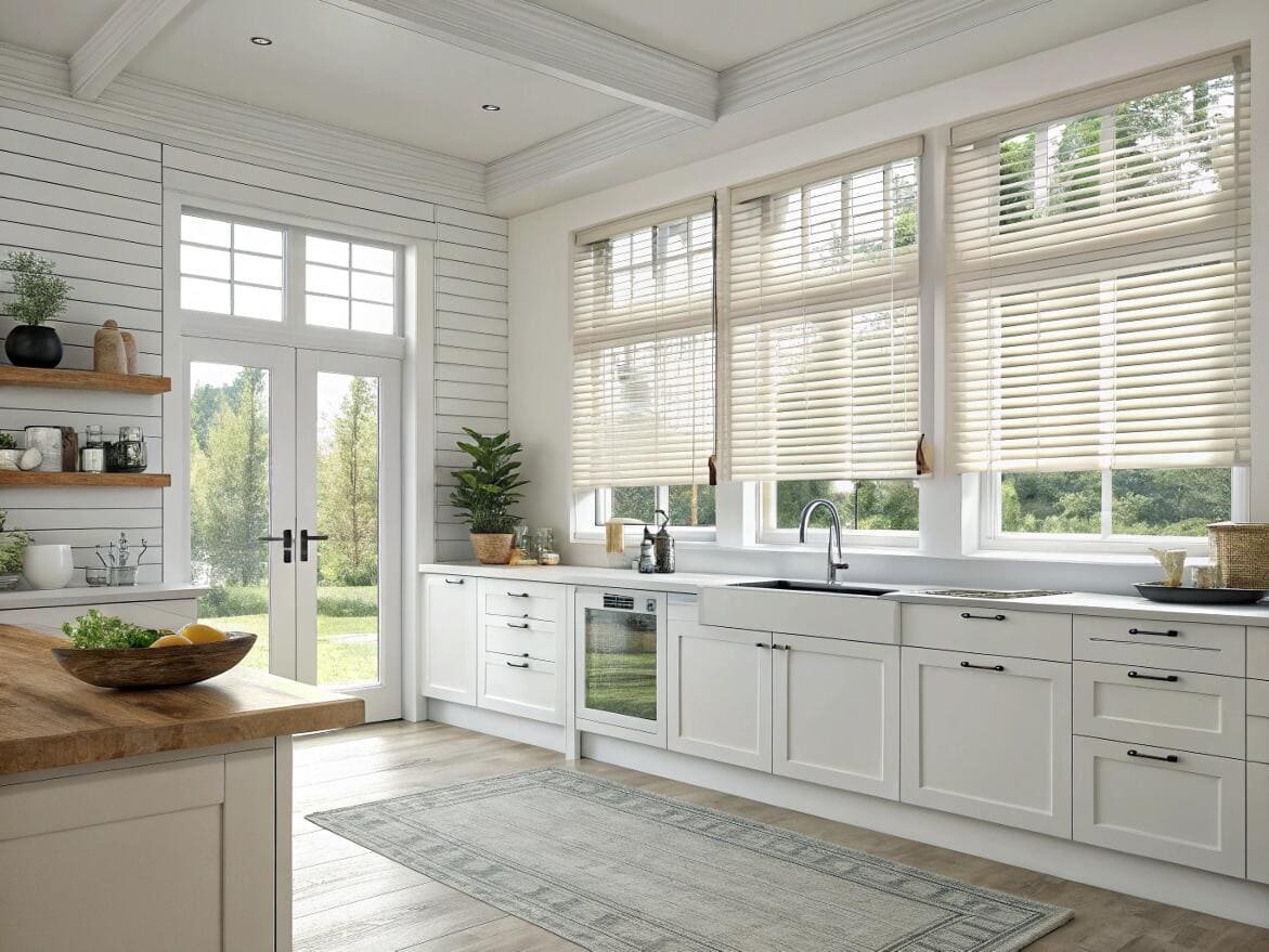White farmhouse kitchen using cream-colored faux wood blinds for a clean, timeless aesthetic.