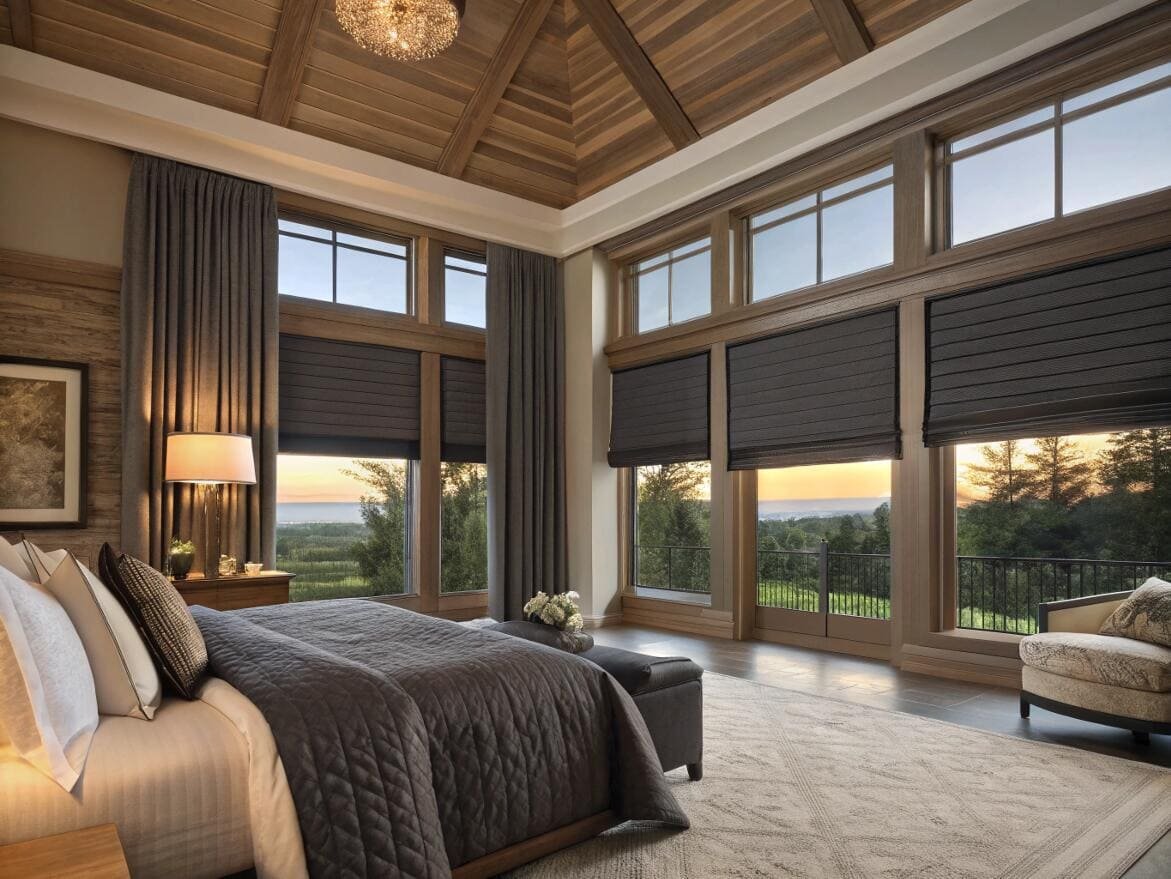 Luxurious master bedroom featuring dark, motorized blackout Roman shades for ultimate light control.