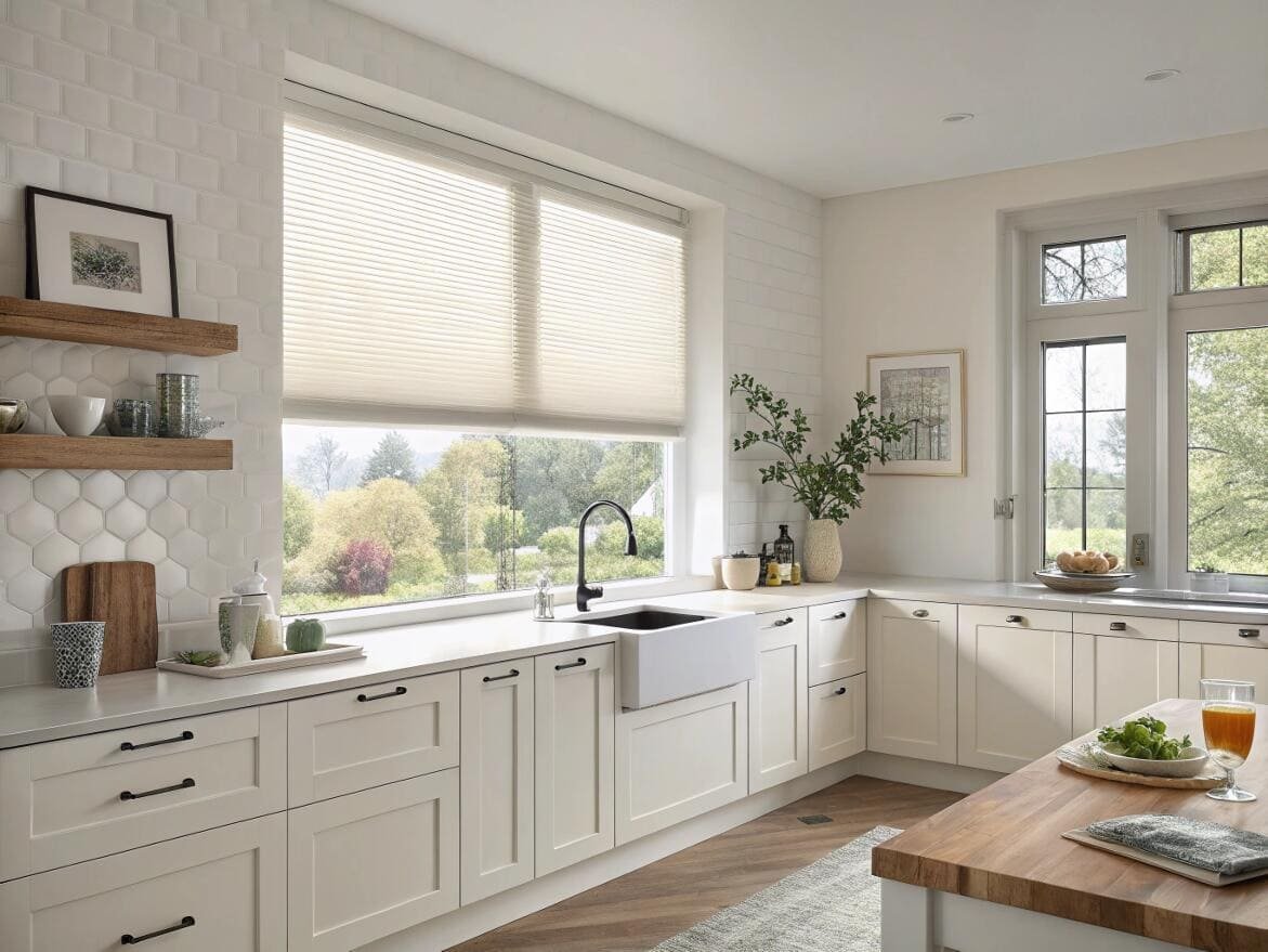 Bright farmhouse kitchen with a single, wide cellular shade for a clean, minimalist aesthetic.